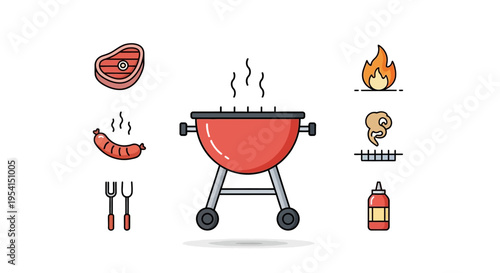 Grill with meat and utensils nearby.