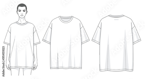 A male figure models an oversized t-shirt in front, side, and back views as a fashion flat on a white background.