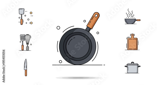 Frying pan with kitchen utensils around.