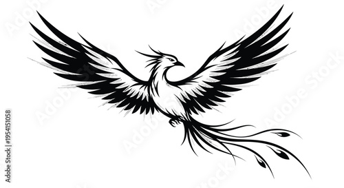 A majestic phoenix spreads its wings in mid-air surrounded by feathers.