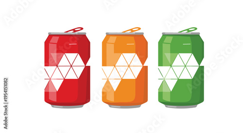 Three brightly colored soda cans with geometric white patterns are neatly arranged side by side on a clean white surface.