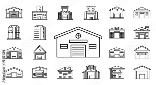 Various house and building line icons.