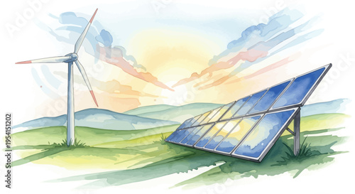 Renewable energy sources in a serene landscape with solar panel and wind turbine at sunset