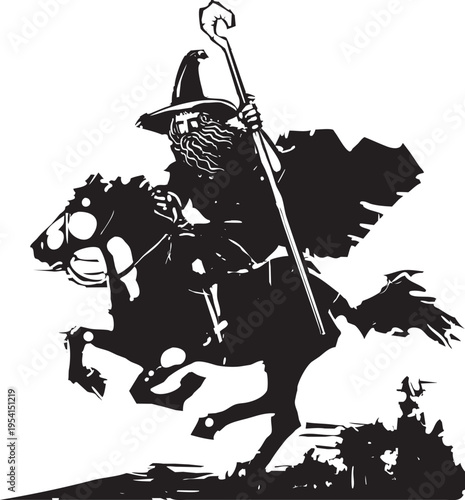 Woodcut expressionist style image of a Wizard Riding a Horse