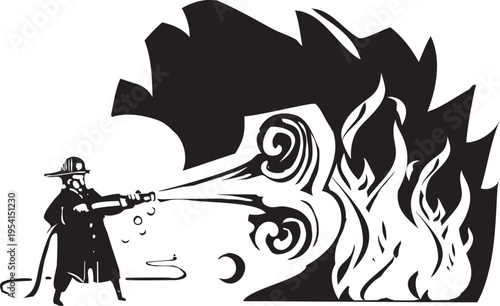 Woodcut expressionist style image of a Fireman with hose