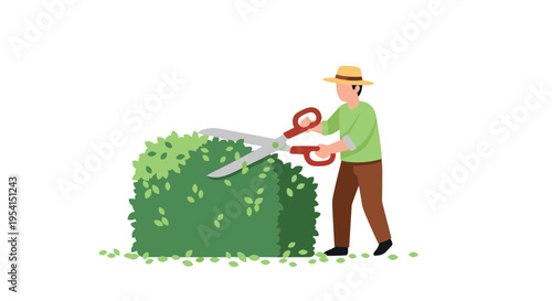 A gardener in a straw hat is meticulously trimming a large green bush with red-handled shears, with clippings on the ground.