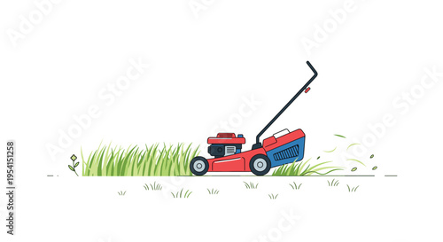 A red and blue lawnmower is actively cutting a strip of green grass, scattering clippings on a white background.