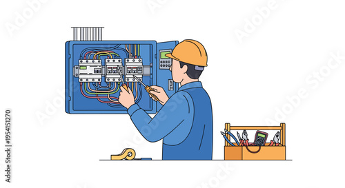 An electrician in a hard hat is repairing an open electrical panel with a screwdriver, with a toolbox full of tools nearby.