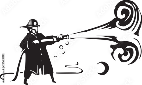 Woodcut expressionist style image of a Fireman with hose