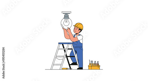 An electrician in a hard hat and overalls is installing a lightbulb while standing on a ladder with a toolbox nearby.