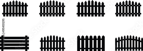 Collection of wooden fence silhouettes featuring picket, rail and curved barrier designs isolated on white background for garden, yard and outdoor boundary concepts