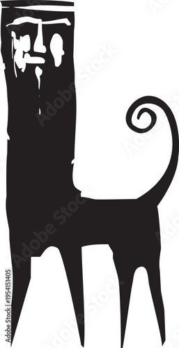 Woodcut expressionist style image of a Monster with large human head