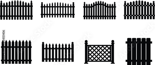 Collection of wooden picket fence silhouettes and garden barrier designs isolated on white background, featuring classic, decorative and lattice styles for outdoor boundary use