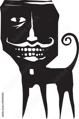 Woodcut expressionist style image of a Monster with large human head