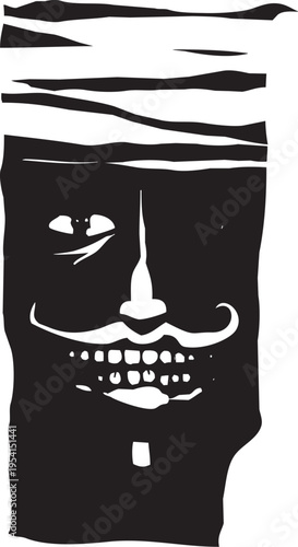 Woodcut expressionist style image of a Disturbed Man with bandaged Head