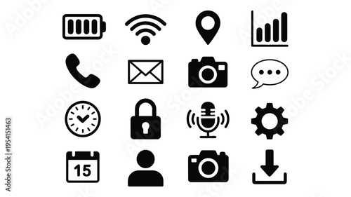 Mobile Phone Icons, Collection Of Smartphone And Cellular Device Symbols In Clean Modern Style, Minimal UI Icons For Mobile Application, Web Interface, Communication Systems