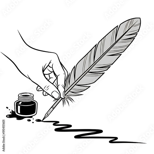 Hand Holding Quill Pen Writing with Ink.