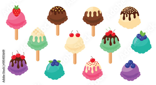A vibrant collection of twelve colorful ice cream scoops and popsicles with various toppings is displayed on a white background.