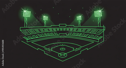 Green Line Art Baseball Field with Stadium Lights
