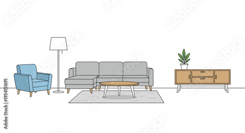 A minimalist living room setup with a blue armchair, a grey sofa, a coffee table, and a wooden cabinet.