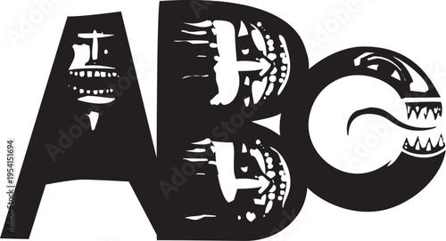 Woodcut expressionist style image of a Evil Smiling alphabet