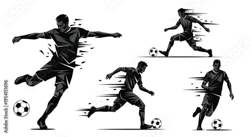 Soccer players kicking balls in dynamic motion on a field