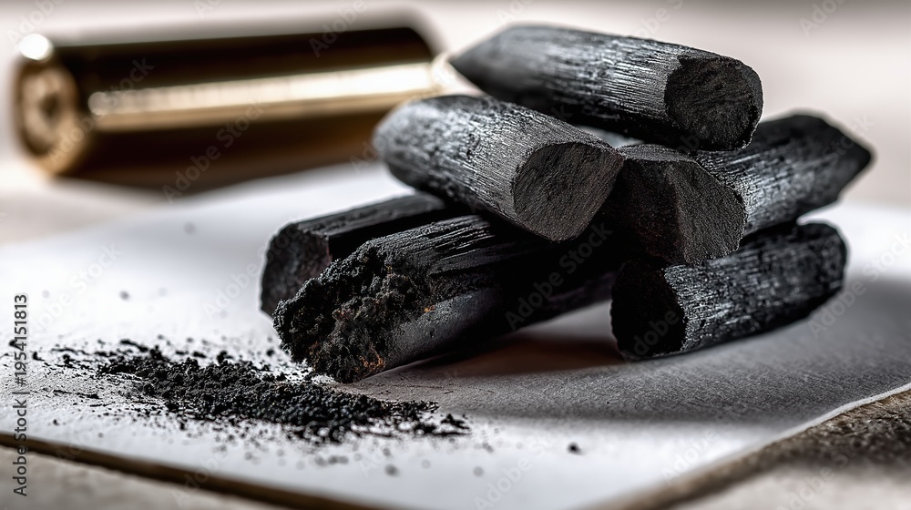 Fototapeta premium Close up of black charcoal sticks and scattered powder on a white surface. Stacked natural wood carbon pieces with rough texture. Art supplies or natural filtering ingredient