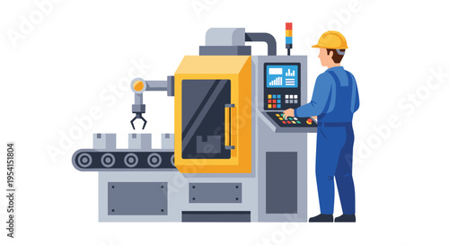 A male industrial worker in a blue uniform operates a yellow CNC machine with a robotic arm on a white background.
