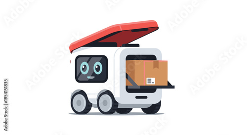 A cute autonomous delivery robot with blue eyes carries a brown package in its open compartment on a white background.