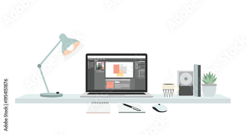 A minimalist desk setup displays a laptop with design software, a lamp, notebook, pen, mouse, coffee, hard drive, and plant.