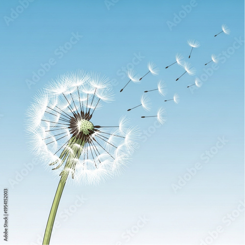 Dandelion Flower with Dispersing Seeds in Air.