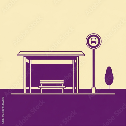 Bus Stop Shelter with Sign and Bench.
