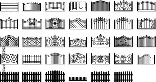 Extensive collection of decorative fence and gate silhouettes featuring ornate metal, wrought iron and wooden designs isolated on white background for architectural and landscaping projects