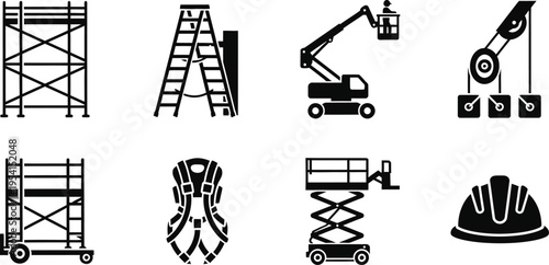 Silhouette icons set of construction equipment and safety gear