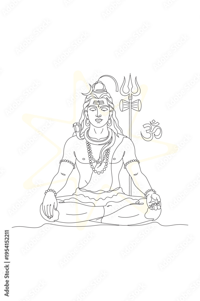 Fototapeta premium Elegant Line Art Illustration of Lord Shiva in Meditation Pose with Trishul and Om Symbol, Perfect for Spiritual and Religious Designs