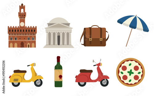 Flat vector icon set of Italian landmarks travel with tower pantheon umbrella bag and pizza