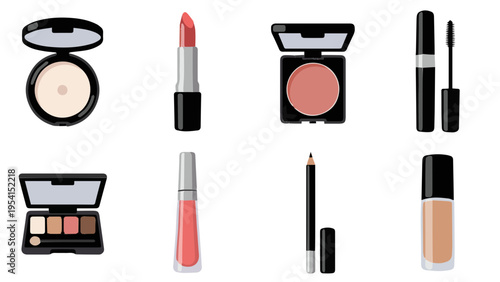 Flat vector icon set of professional makeup cosmetics products including lipstick powder blush and mascara