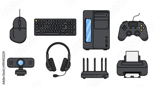 Flat vector icon set of computer hardware peripherals with mouse keyboard tower gamepad and printer