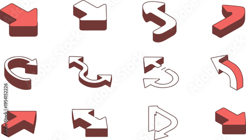 Isometric red arrows collection set of three dimensional pointer symbols in various directions