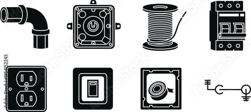 Silhouette icons set of electrical and industrial symbols including outlets switches and wiring components