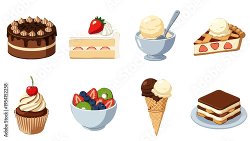 Flat vector icon set of sweet desserts and bakery products with cakes ice cream cupcakes and pastries