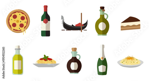 Flat vector icon set of Italian food and wine with pizza pasta oil bottle and spaghetti