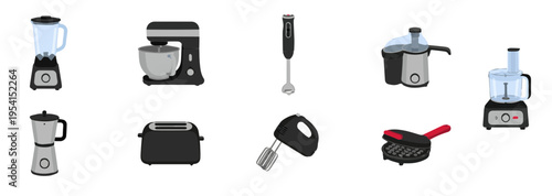 Flat vector icon set of kitchen home appliances including blender mixer toaster and coffee maker