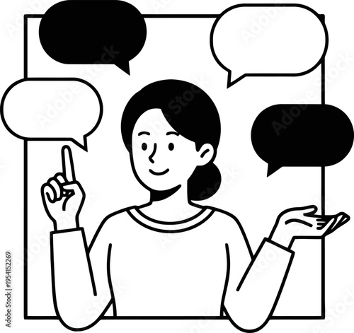  a woman talking with speech bubbles Vector doodle illustration, business and communication concept, girl on the screen, managing chat message, support and feedback