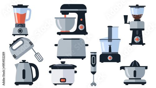 Flat vector icon set of kitchen home appliances with blender mixer toaster and coffee maker items