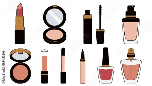 Flat vector icon set of professional makeup cosmetics products including lipstick powder blush and mascara