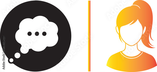 Vector side profiles of two women with high ponytails; one a solid black silhouette and the other a light gray version with simplified facial features, separated by a vertical line.