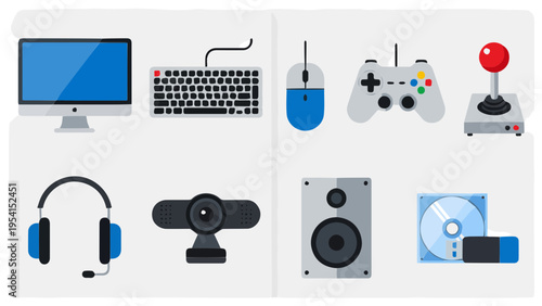 Flat vector icon set of computer gaming setup with monitor keyboard mouse controller and headphones