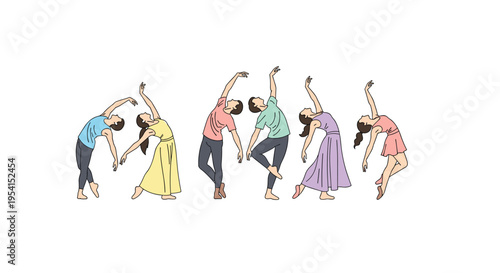 Six dancers in pastel outfits perform synchronized graceful movements with arched backs.