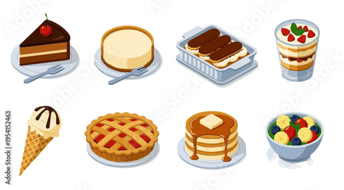Flat vector icon set of sweet desserts cakes pies ice cream and bakery products items